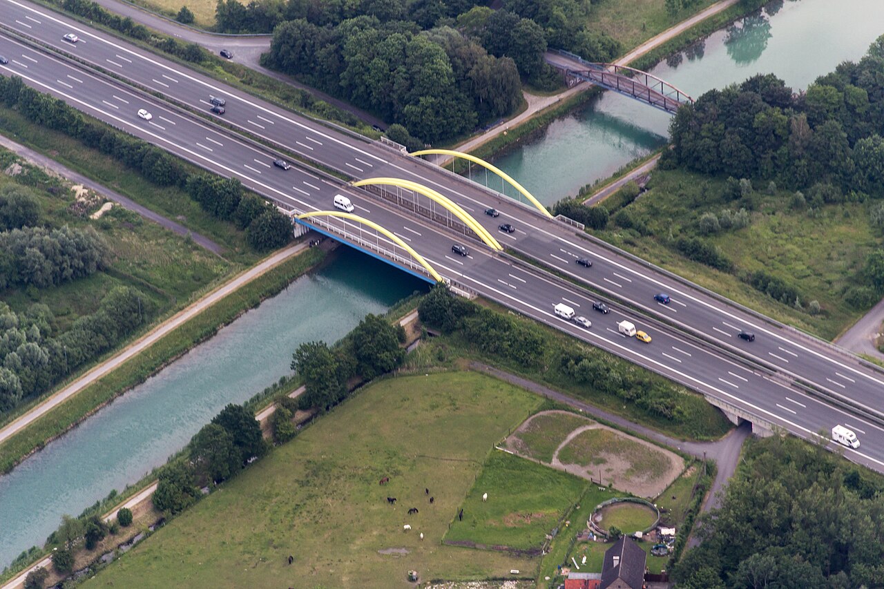 Traffic on a German motorway seen from a bridge above the carriageways