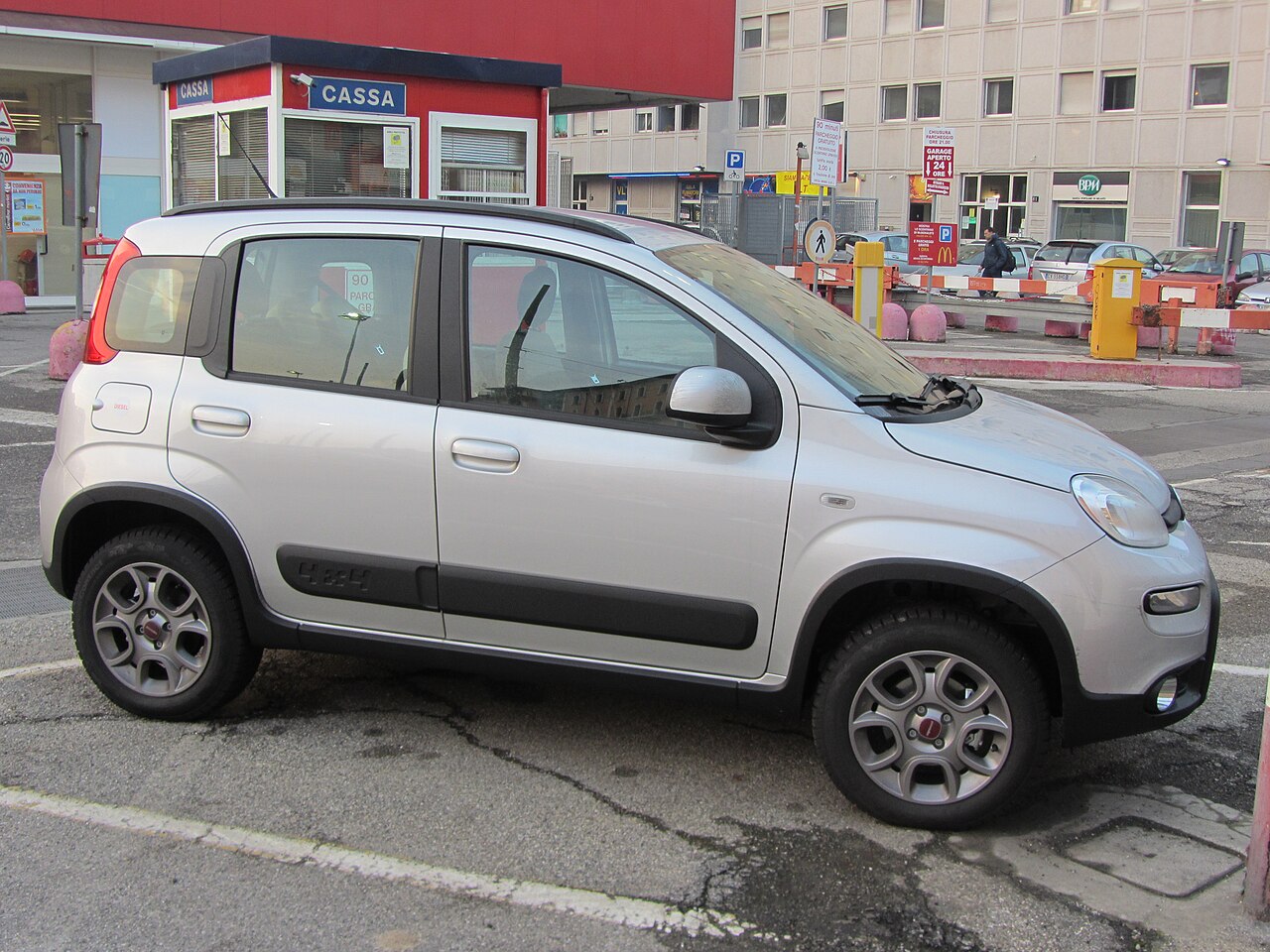Winter tyre on a small off-road capable car standing on rough ground